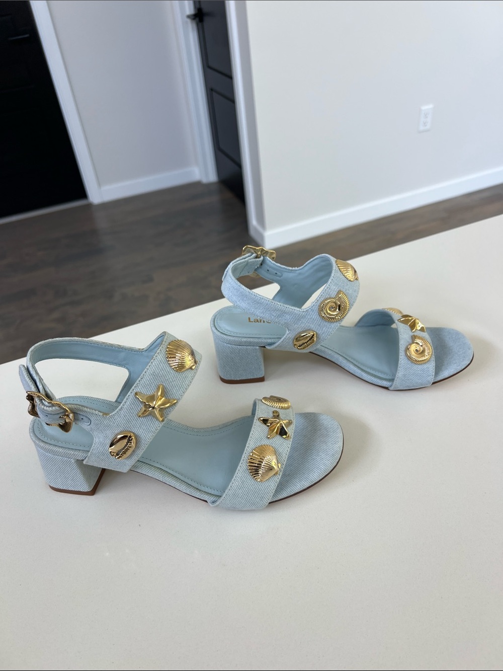 Larroude madison block light blue denim maya heels open toe sandals gold 6 - Picture 9 of 16